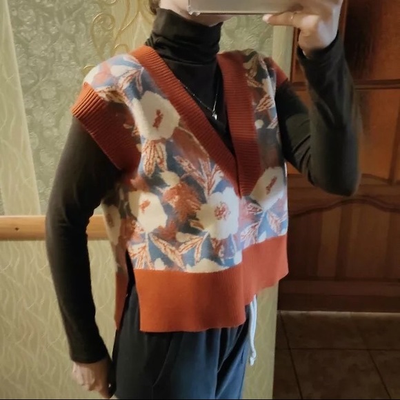 Floral know vest sweater too v-neck high low knit vintage soft orange - Picture 8 of 14